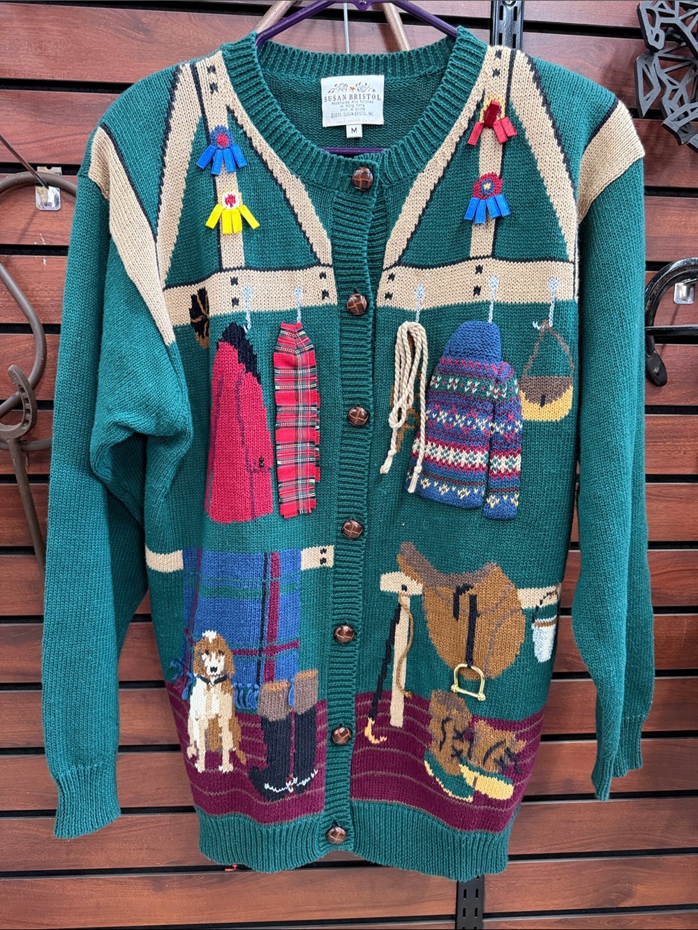 Vintage Susan Bristol Green Equestrian Novelty Cardigan with Multicolor Accents